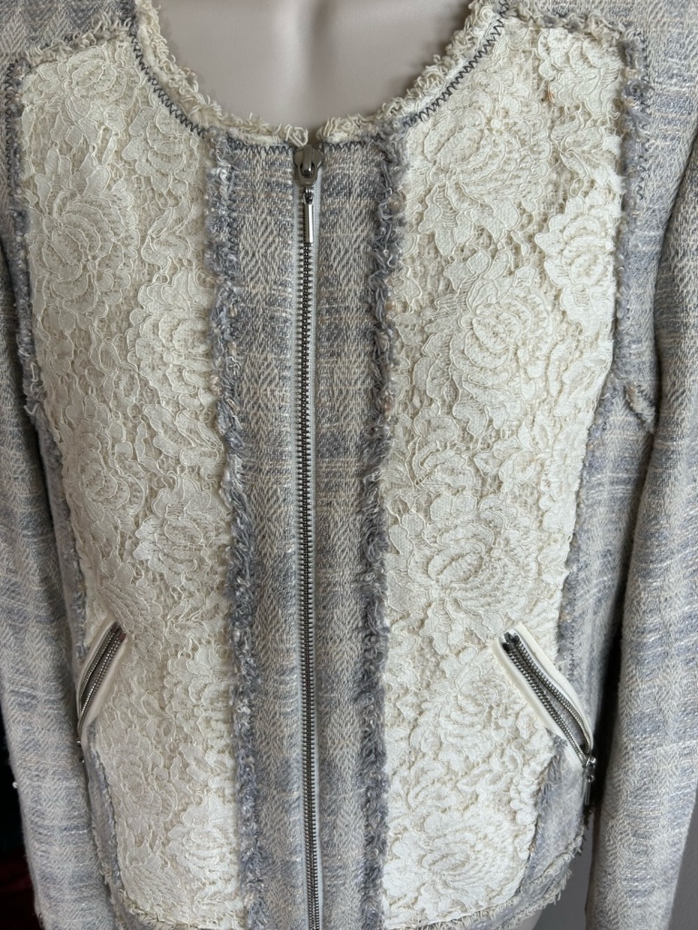 Rebecca Taylor Cropped Cream Lace-Front Zip Jacket